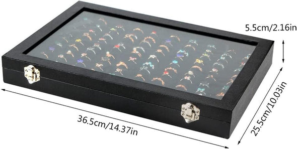Ring Display Case Organizer Box with Transparent Lid, 100 Slots Ring Storage Display Box Case Tray Holder PU Leather Black