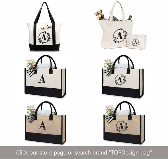 Topdesign Personalized Initial Jute/Canvas Beach Bag, Monogrammed Gift Tote Bag for Women
