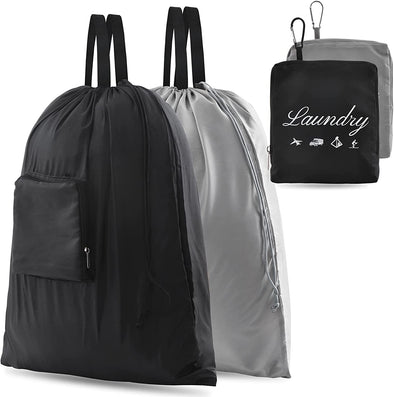 2 Pcs JHX Travel Laundry Bags, Dirty Clothes Organizer【Upgraded】With Handles and Aluminum Carabiner for Travel, Camp, Fitness, and Students (Black&Grey) 24"L X 21"W