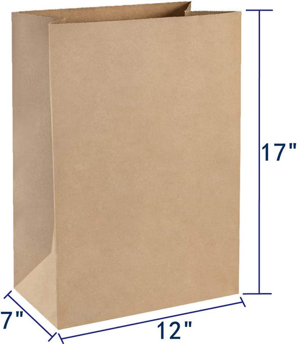 Bagdream Grocery Bags 12X7X17 Inches 100Pcs Heavy Duty Kraft Brown Paper Grocery Bags, Durable Recyclable Paper Barrel Sacks, for Gifts, Retail, Storage, Wrapping, Food Delivery