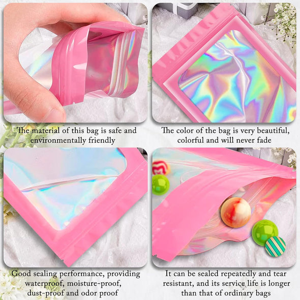 100 Pack Holographic Bags, Resealable Bags Packaging Bag with Clear Window Resealable Odor Foil Pouch for Food Storage, Lipgloss&Jewelry Lash Packaging(Pink, 2.4 X 3.9 Inch)