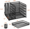 Marbrasse Desk Organizer with File Holder, 5-Tier Paper Letter Tray Organizer with Drawer and 2 Pen Holder, Mesh Desktop Organizer and Storage with Magazine Holder for Office Supplies(Black)