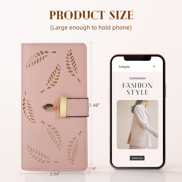 Women'S Long Leaf Bifold Wallet Leather Card Holder Purse Zipper Buckle Elegant Clutch Wallet Handbag for Women - Pink