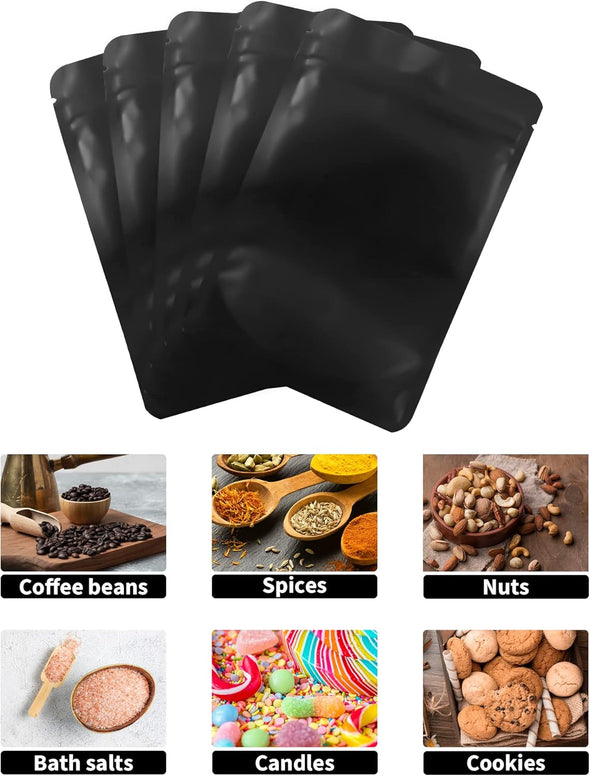 100 Pack Resealable Stand up Bags,Smell Proof Pouch Sealable Foil Pouch Bags for Packaging (Black, 3.5" X 5.1")