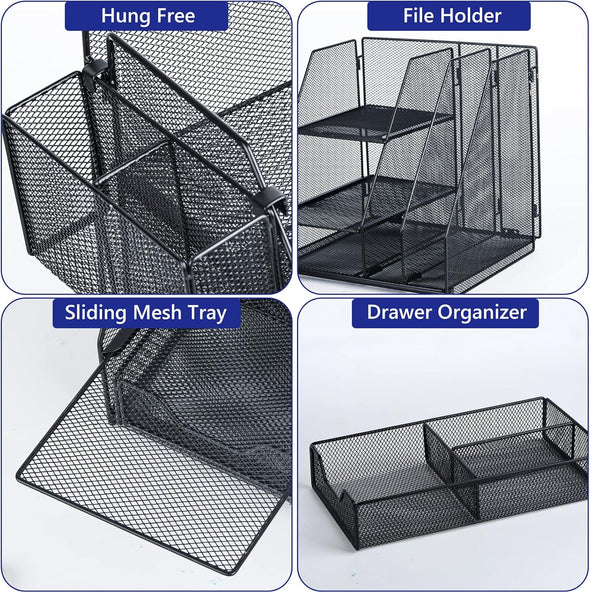 Desk Organizer, File Organizer for Desk with 2-Tier Paper Letter Tray, Drawer and 2 Pen Holder, Mesh Desktop Organization with Magazine Holder for Office Supplies