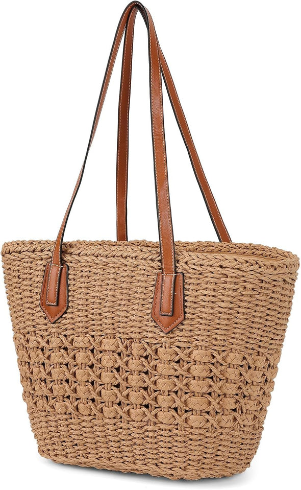 Women'S Straw Shoulder Bag Large Rattan Woven Totes Summer Travel Beach Handbag Handmade Top Handle Purse