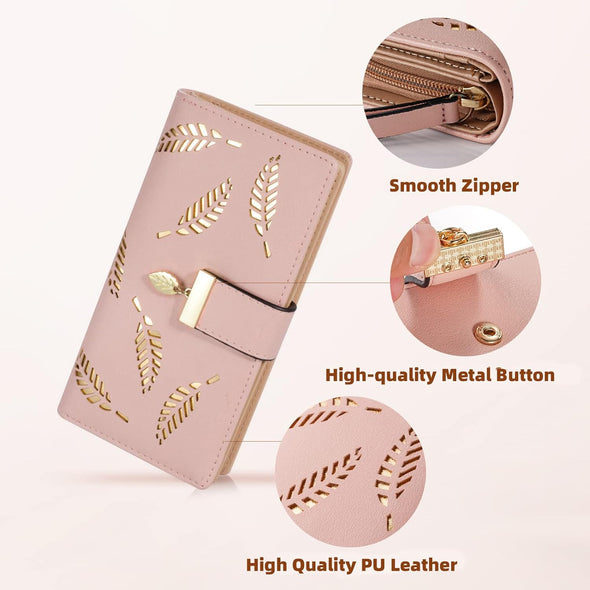 Women'S Long Leaf Bifold Wallet Leather Card Holder Purse Zipper Buckle Elegant Clutch Wallet Handbag for Women - Pink