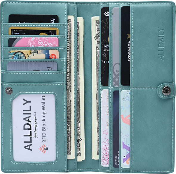 Alldaily Ultra Slim Thin Women Wallet RFID Blocking Credit Card Holder Bifold Long Ladies Billfold (Purist Blue)