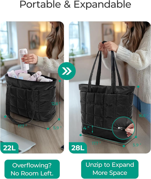 BAGSMART Expandable Tote Bag for Women, Zipper Puffer Work Tote with Water-Resistant Quilted, Nurse and Carry-On Travel Bag