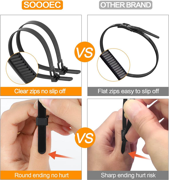 SOOOEC 200 Pack Reusable Zip Ties Assorted Sizes 6+8+10+12 Inch UV Resistant, Black Zip Ties Heavy Duty Outdoor Releasable round Ending No Hurt, Cable Ties Reusable Tie Wraps Indoor Non Slip Off