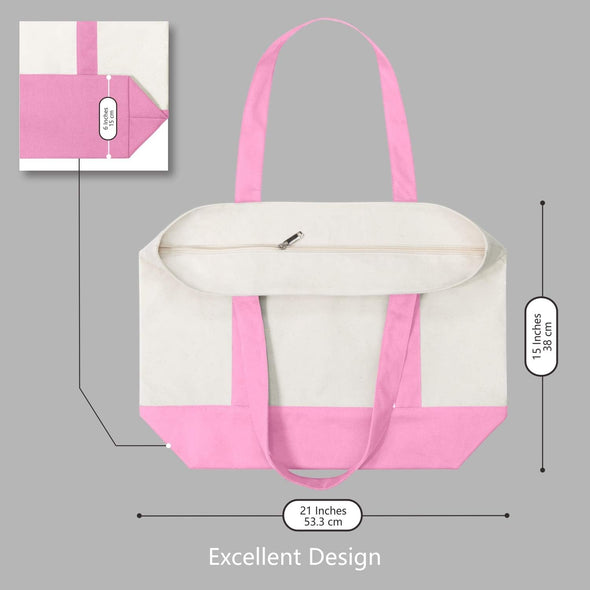 Topdesign 1-Pack Canvas Tote Bag with an External Pocket, Reusable Grocery Shopping Bag, Top Zipper Closure, Daily Essentials (Pink/Natural)