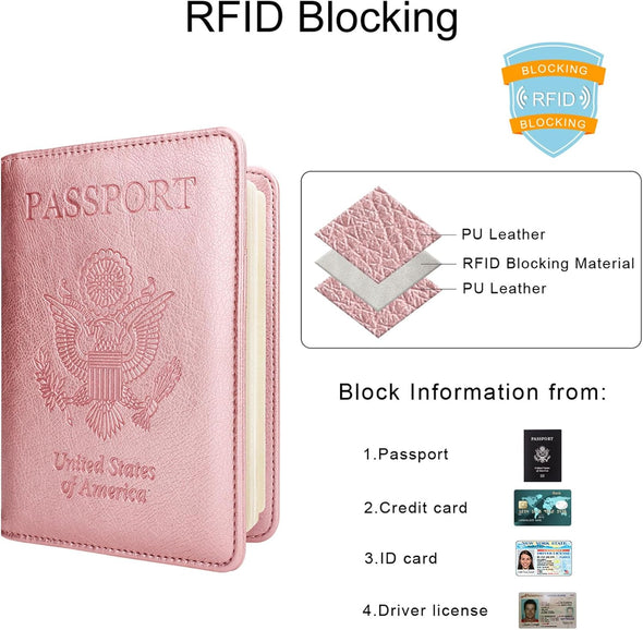 WALNEW Passport Holder for Travel, RFID Passport Cover Wallet for Women Men, PU Leather Passport Book Card Holder Case with Pen, Travelling Essentials for Flying