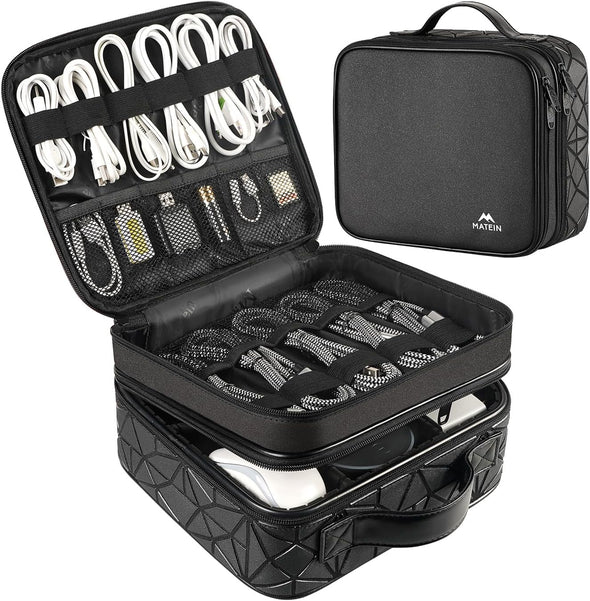 MATEIN Cable Organizer Bag, Waterproof Travel Electronic Storage with Adjustable Divider, Shockproof Portable Double Layer Tech Bag Carrying Case for Cord, Earbuds, Charger, SD Card, DJ Gifts, Black
