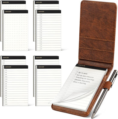 WEMATE 10 Pieces Notepad Holder Set Pocket Notebook - Included Mini Pocket Notepad Holder Set with 8 Memo Book Refills and Metal Pen for Meetings, Daily Records, and Notes 3 X 5 Inch (Brown)