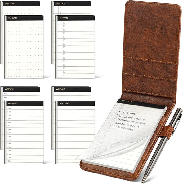 WEMATE 10 Pieces Notepad Holder Set Pocket Notebook - Included Mini Pocket Notepad Holder Set with 8 Memo Book Refills and Metal Pen for Meetings, Daily Records, and Notes 3 X 5 Inch (Brown)