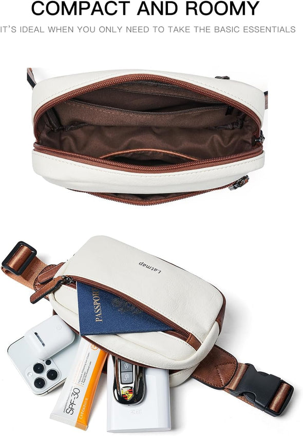 2L Fanny Packs Everywhere Belt Bag Small Fashion Crossbody Waist Pack Faux Leather Waterproof Sling Chest Bag for Women Trendy Beige
