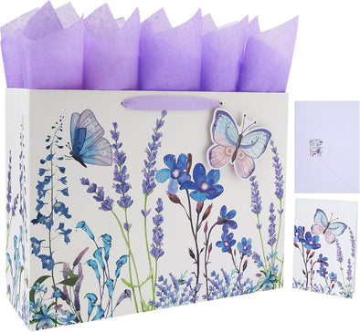 16.5" Extra Large Purple Gift Bag Set with Greeting Card and Tissue Papers (Lavender and 3D Butterfly) for Women'S Birthday Party, Girls' or Kids', Mothers' Day, Wedding, Valentine'S Day