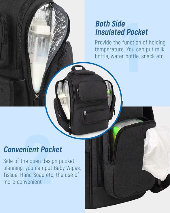 Mancro Diaper Bag Backpack, Multifunctional Dad Diaper Bag with 2 Side Insulated Pockets, Travel Water Resistant Baby Diaper Backpack for Men Women with Stroller Straps, Black