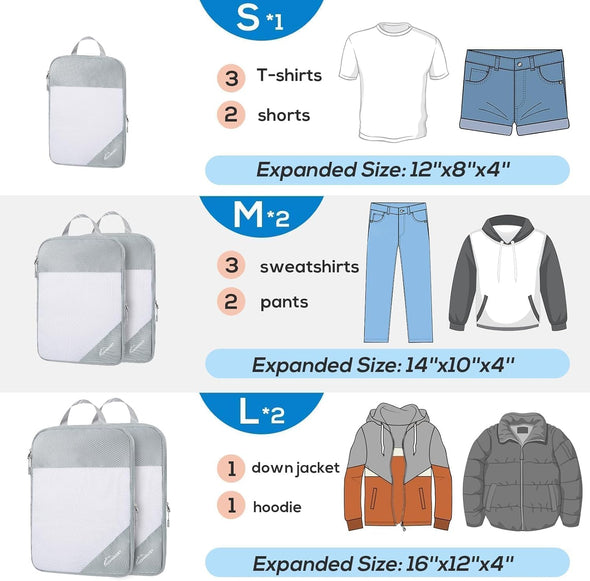 Compression Packing Cubes, 5 Set Packing Cubes for Travel Compression, Lightweight Compressible Package Organizer for Carry on and Suitcases, Light Grey