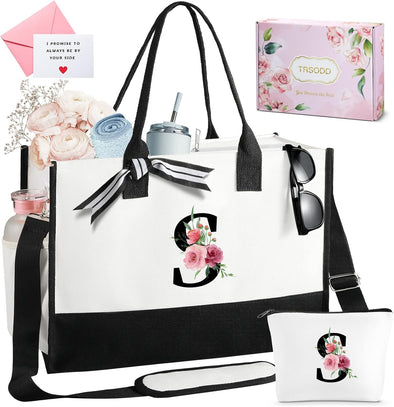 TRSODD Birthday Gifts for Women Mothers Day Gifts for Mom Wife Grandma Daughter Sister Teacher Initial Tote Bag and Makeup Bag