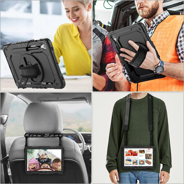SEYMAC Stock Case for Samsung Galaxy Tab S10 FE / S9 / S9 FE 5G Tablet Case Protective with Screen Protector, Pencil Holder, 360 Rotate Stand, Hand Strap, Shoulder Strap, Black1