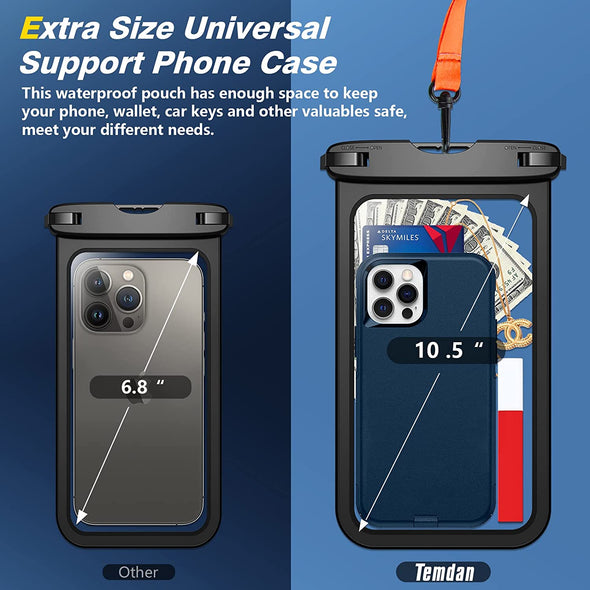Temdan 2 Pcs Waterproof Phone Pouch, [Up to 10" Large] Universal IPX8 Waterproof Cell Phone Case Dry Bag with Lanyard for Iphone 16 Pro Max/16E/15/14/13,Galaxy S25 Ultra/S24/S23 for Vacation -Black