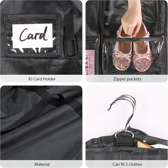 Univivi Dance Costume Garment Bag, 40" Waterproof Hanging Bag for Travel, Kids Clothes Bag with 5 Clear Pockets and Handles for Costumes and Sports, Black