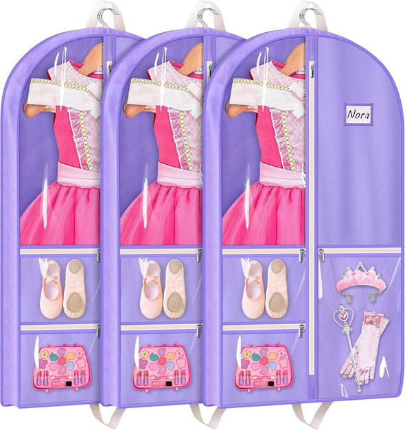 MISSLO Dance Garment Bags for Dancers 40" Garment Bags for Dance Costumes with 3 Pockets Cheer Uniform Garment Bag Hanging Kids Garment Bag for Competition, Travel, 3 Packs, Purple
