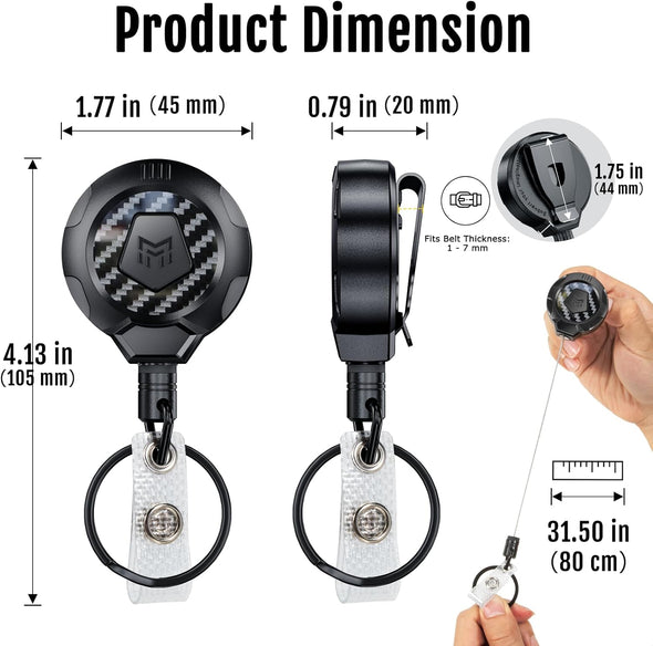 MNGARISTA Upgraded Heavy Duty Retractable Keychain with Belt Clip, 10 OZ Retraction, 31.5" Stainless Steel Cord Key Chain, 3K Carbon Fiber ID Badge Reel Holder with Badge Strap and Key Ring, 2 Pack