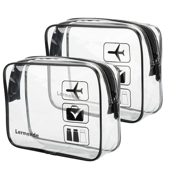 Lermende 2Pcs Clear Toiletry Bag TSA Approved Travel Bag,Carry on for Travel,Airport Airline Accessories Compliant Bag,Quart Sized Makeup Cosmetic Bag Women Men (Black, 2 Pack)