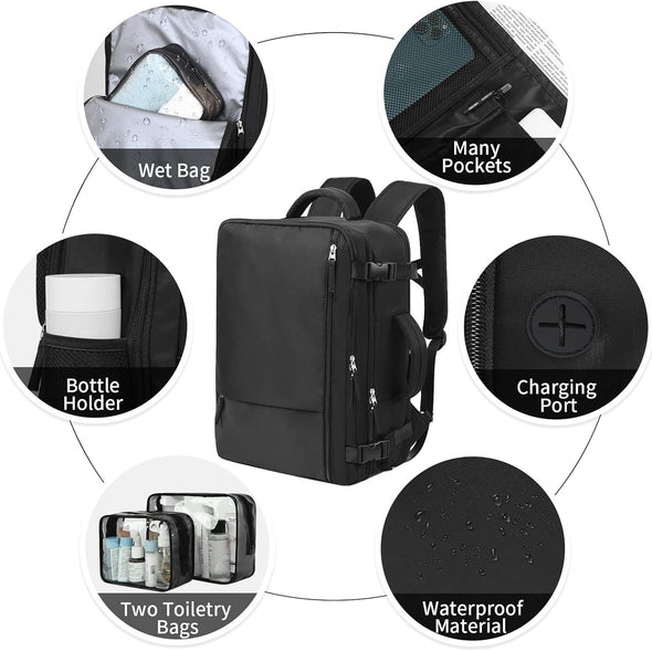 Hanples Travel Backpack for Women Men, Large Carry on Person Item Luggage Backpack, TSA Flight Approved 17.3 in Laptop Bag, Waterproof anti Theft Casual Hiking Bag (Black)