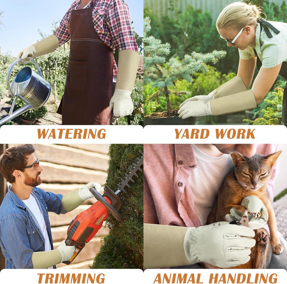 HANDLANDY Pruning Gloves Long for Men & Women, Pigskin Leather Rose Gardening Gloves- Breathable & Durability Gauntlet Gloves Medium