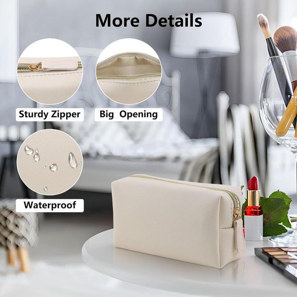 Leather Makeup Bag for Purse Travel, Portable Small Cosmetic Organizer for Women and Girls, Make up Bag with Zipper