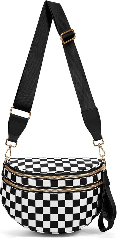 Bum Bags for Women Crossbody,Nylon Checkered Crossbody Bag Large Sling Bag Checkered Purse Oversized Slouchy Belt Bag