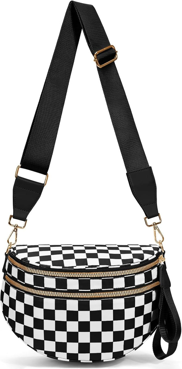 Bum Bags for Women Crossbody,Nylon Checkered Crossbody Bag Large Sling Bag Checkered Purse Oversized Slouchy Belt Bag