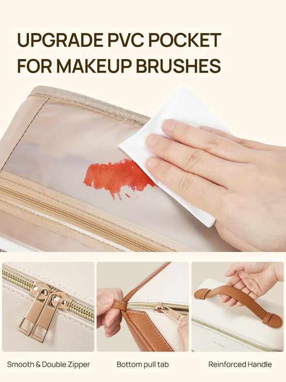 Telena Makeup Bag Large Capacity Travel Cosmetic Bag Portable PU Leather Water Resistant Makeup Organizer Bags for Women with Handle and Divider Open Flat Beige with Brown