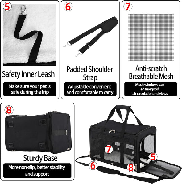 Soft Sided Cat/Dog Carrier,Collapsible Pets Travel Carriers for Pet/Puppy with Shoulder Strap & Removable Mat,Mesh Top Load Small Dogs/Cats Carry Bag up to 17 Lbs TSA Airline Approved（Black,M）
