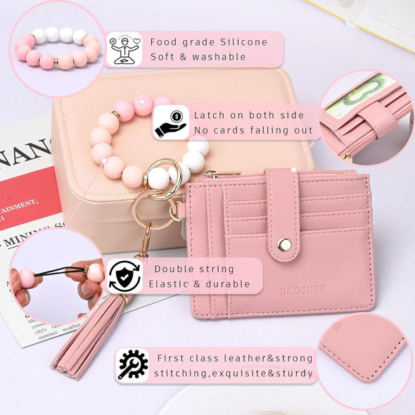 BAOSIWA Silicone Bracelet Keychain Wallet for Women Wristlet Card Holder Slim RFID Wallet with Zipper Pocket