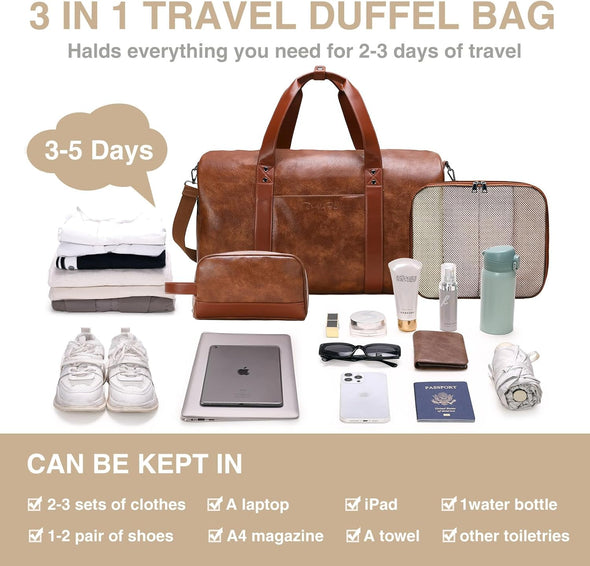 bluboon travel duffel bag canvas leather overnight bag Double Bus 3-in-1 Leather Travel Duffle Bag Set