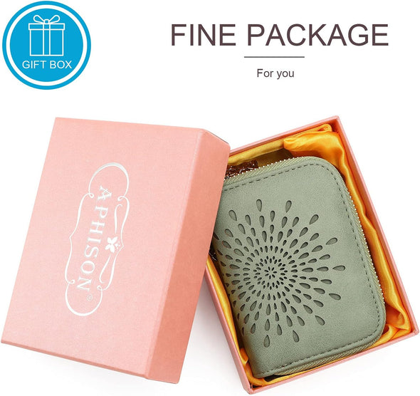 RFID Credit Card Holder Double Zipper Card Case Small Wallets for Women Leather Multifunctional Holders Sunflower Style Ladies Girls/Gift Box 1942-2 GREEN