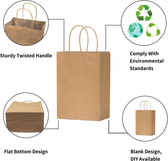 Vanhel 50 PCS Gift Bags with Handles,8 X 4.25 X 10.5 Inches,Gift Bag,Brown Paper Bags with Handles Bulk, Shopping,Party, Retail, Merchandise, Favor