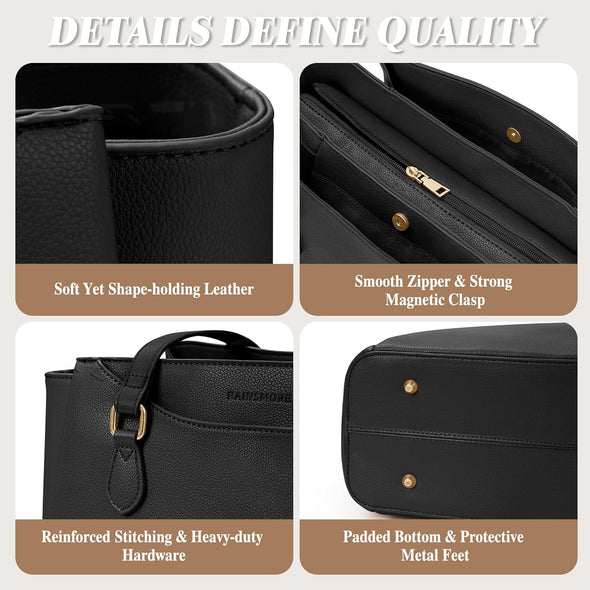 RAINSMORE Laptop Bag for Women 15.6 Inch Work Tote Bags Waterproof Computer Bags Leather Professional Laptop Purse Womens Laptop Briefcase Large Handbag for Office Teacher Travel, Black