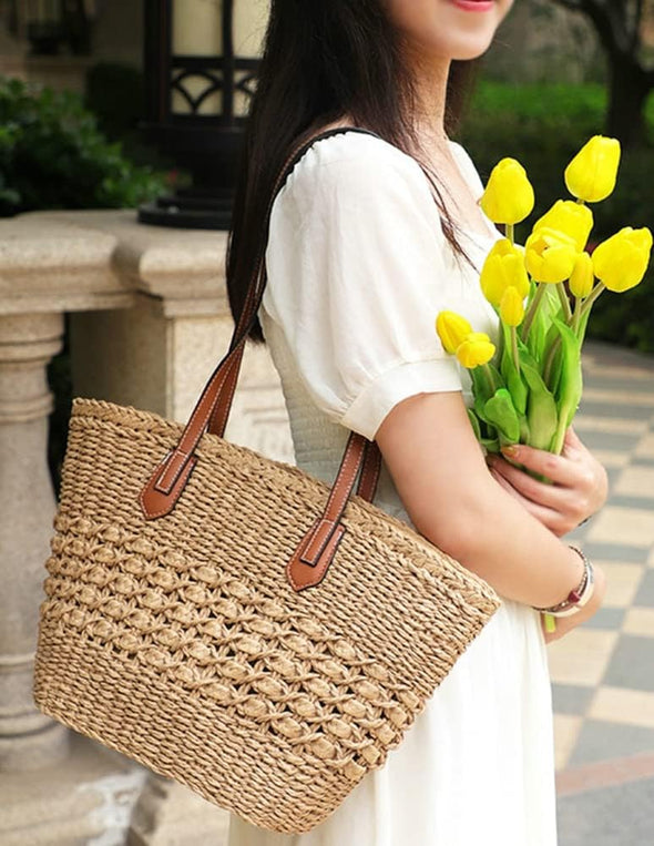 Women'S Straw Shoulder Bag Large Rattan Woven Totes Summer Travel Beach Handbag Handmade Top Handle Purse