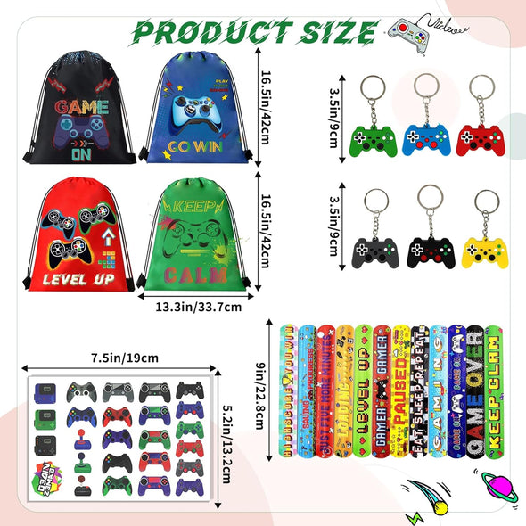61 Pcs Video Game Party Favors, Gamer Party Favors Bags Includes 12 Pcs16 X 13 Inch Video Game Party Drawstring Bags Slap Bracelets Keychains Tattoo Stickers for Kids Gaming Party Favor