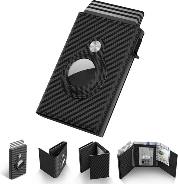 Mens Smart Wallet Card Holder for Airtag: Leather, Compatible with Apple Air Tag, RFID Blocking, Slim, Carbon Fiber, Minimalist - 9-14 Card Capacity | ID Window | Cash Slot (Black)
