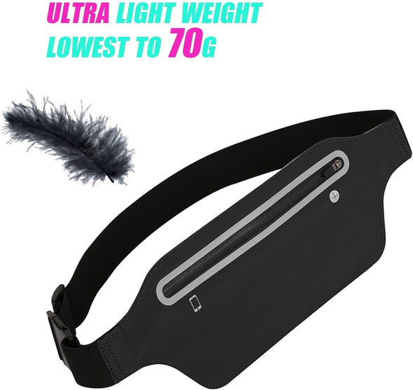 Fanny Packs for Women, Waterproof Fanny Pack for Men, Adjustable Running Belt Waist Pack Slim Expandable Pocket Belt Black, Iphone Running Holder Cell Phone Elastic Waist Pouch Bag for Galaxy