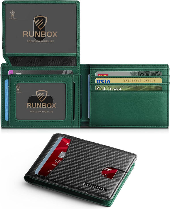RUNBOX Wallet for Men Slim Rfid Leather 2 ID Window with Gift Box