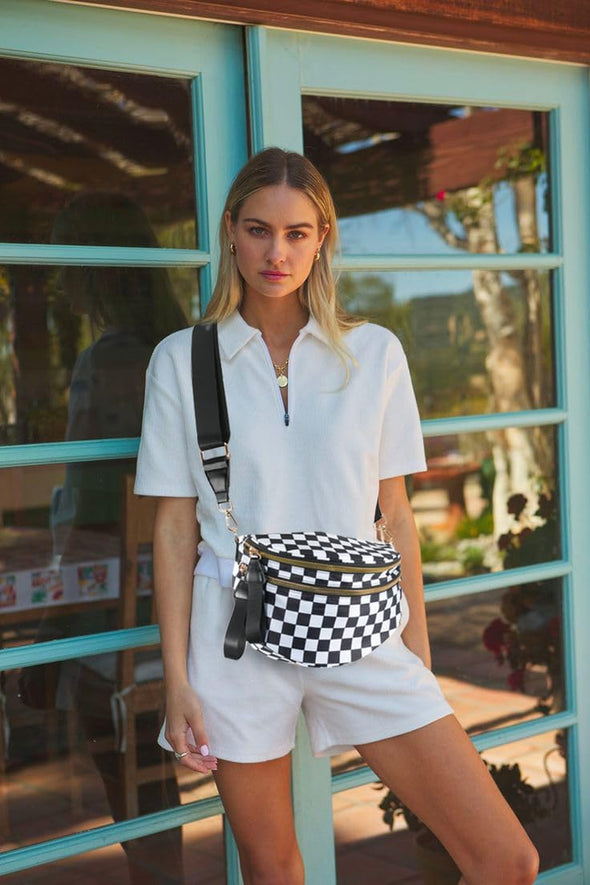 Spacious Checkered Nylon Crossbody Bag Bum Bag Checkered Handbags Wallets for Women