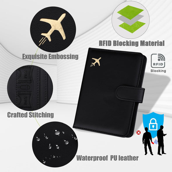 GOAUS Passport Holder for Travel with Airtag Card Slots, Money Pocket, Women Men RFID Blocking Wallet Book Case Black