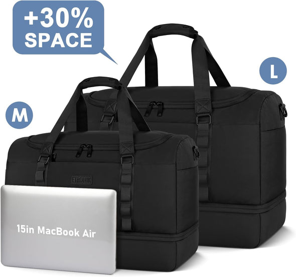 ETRONIK Travel Bag for Men Women, Duffle Bag & Gym Bag with Shoe Compartment, Weekender Overnight Bag with Toiletry Bag, Carry on Bags for Airplane for Travel, Trip, Gym, Yoga, Black